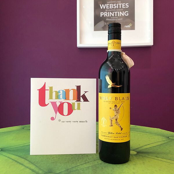 Work Placement Thank You card and bottle of wine