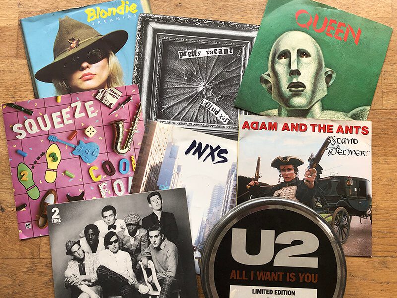 Photograph of various vinyl single records