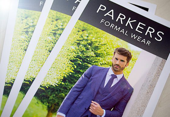 Photograph of tri folded A4 leaflets for Parkers Formal Wear, Lowestoft