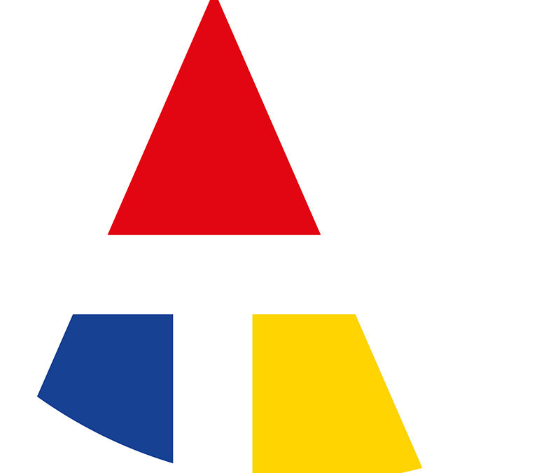 Logo device for Avellana Translations on the form of the letter T intersecting the letter A and the spaces infilled with red, blue and yellow