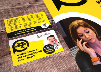 Photograph of the front and back of a business card for Talk About It beside an A3 poster, laying on wooden floorboards