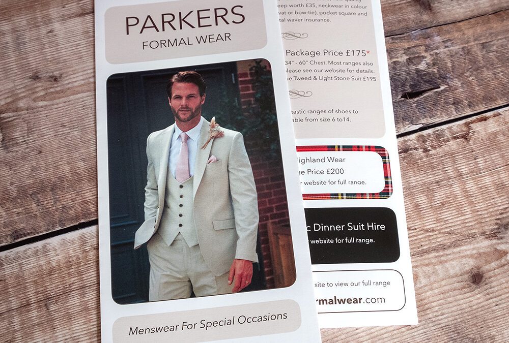 Parkers Formal Hire folded leaflets
