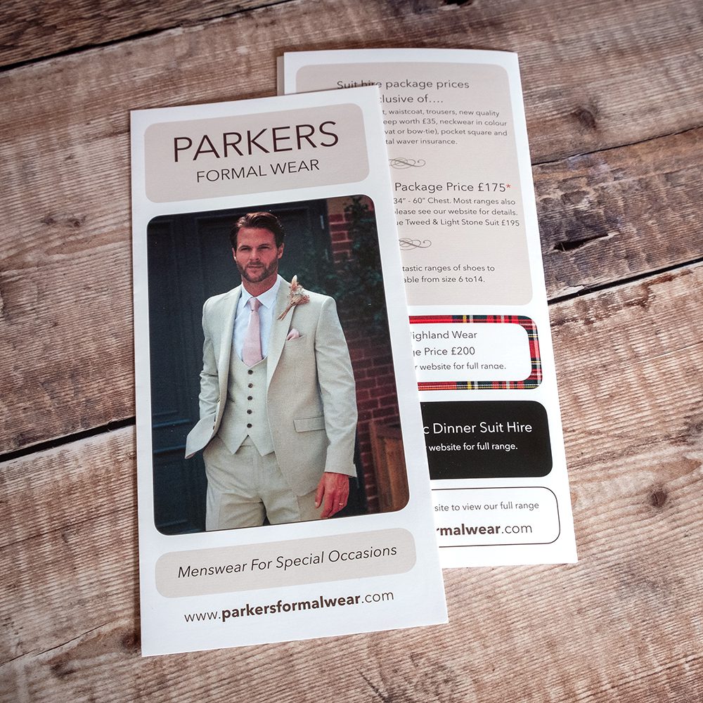 Parkers Formal Hire folded leaflets