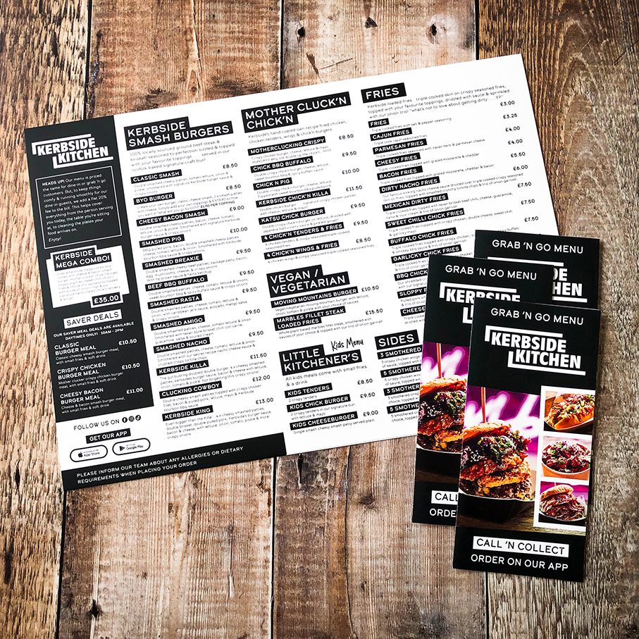 Kerbside Kitchen, Cromer A3 matt laminated restaurant and folded takeaway menus